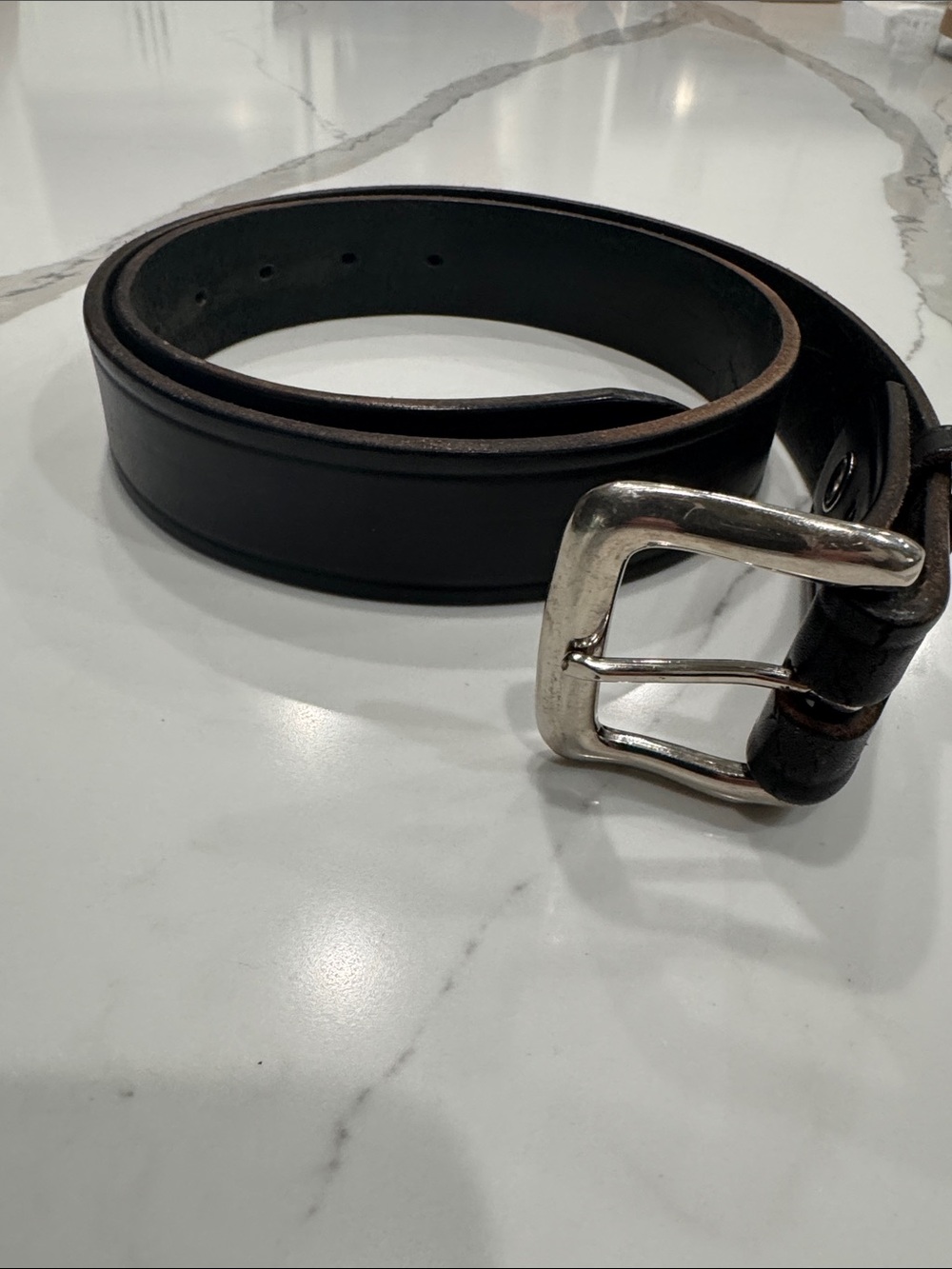 Mens Black leather Belt SZ 38 Silver tone snap on Buckle Casual Western Basic